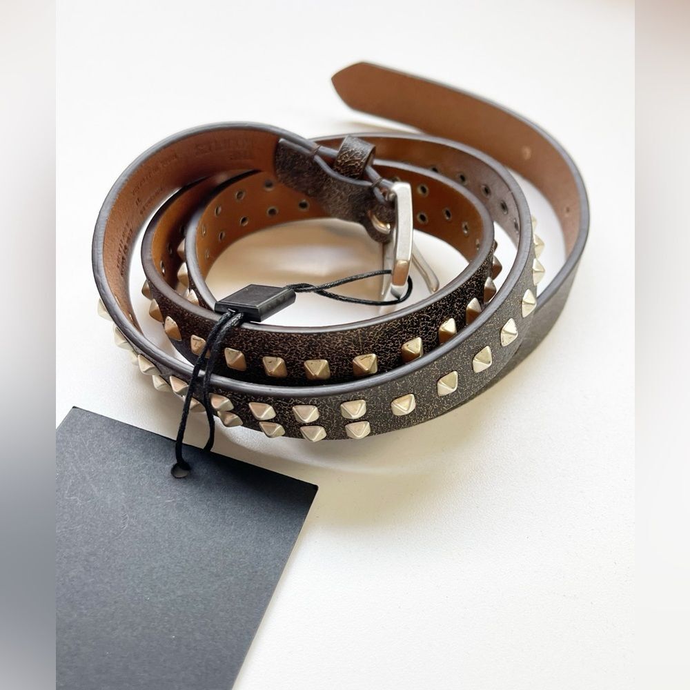 The Kooples Brown leather silver studded thin leather belt Punk Rock size 1 NWT - Picture 2 of 5